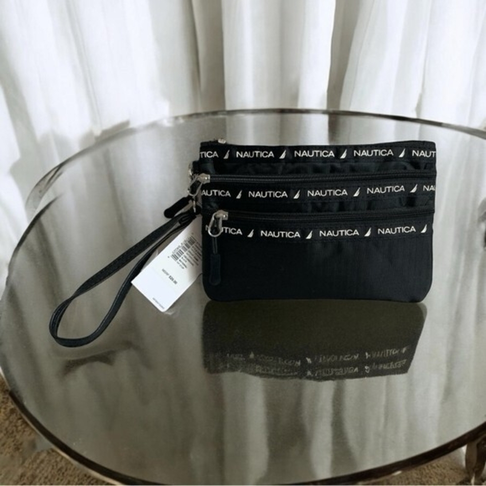 Nautica Women’s Black Nylon Triple Zip Wristlet Clutch Bag Travel NWT